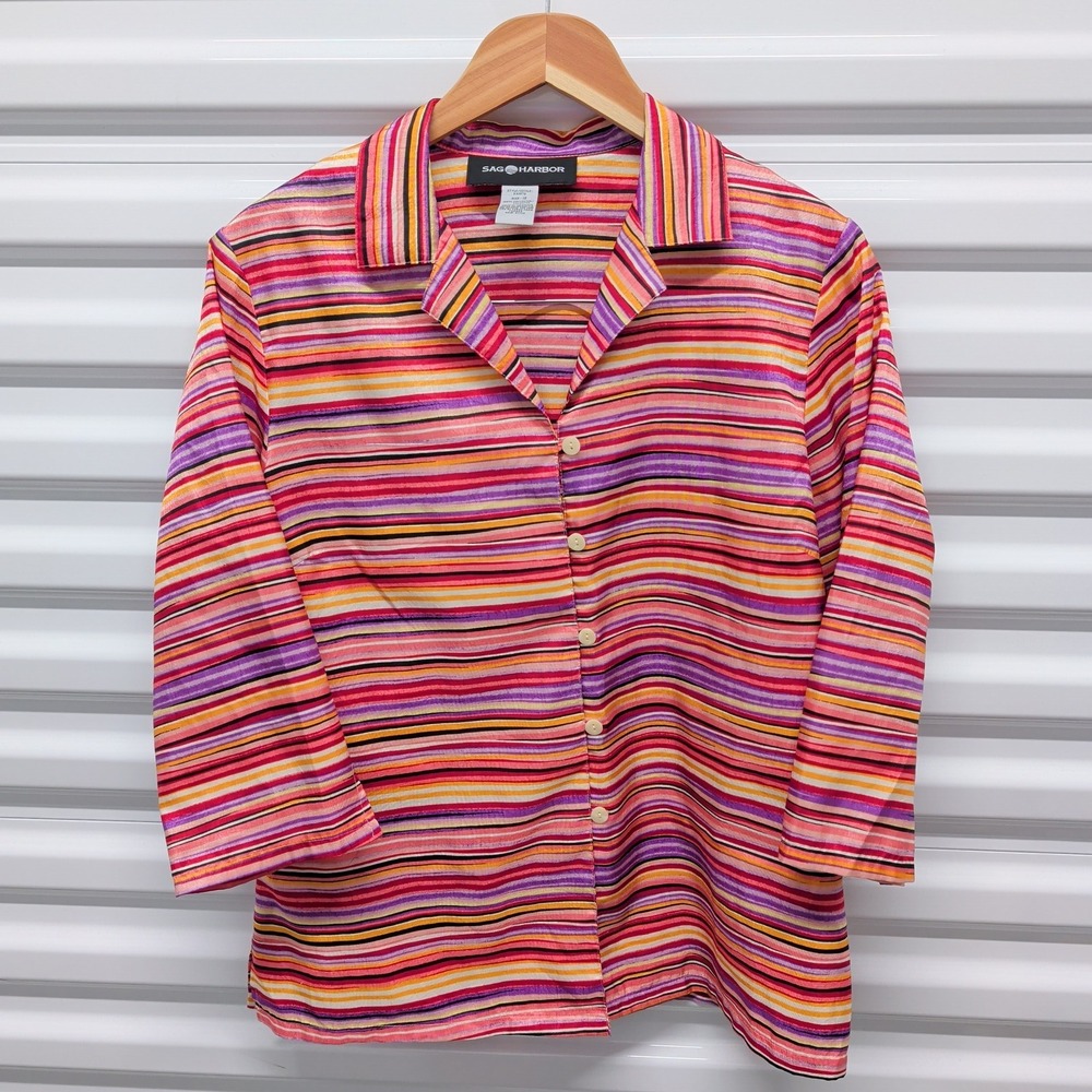 Sag Harbor Striped Button Front Blouse Size 12 Womens Pink Purple 3/4 Sleeve Top — photo 2